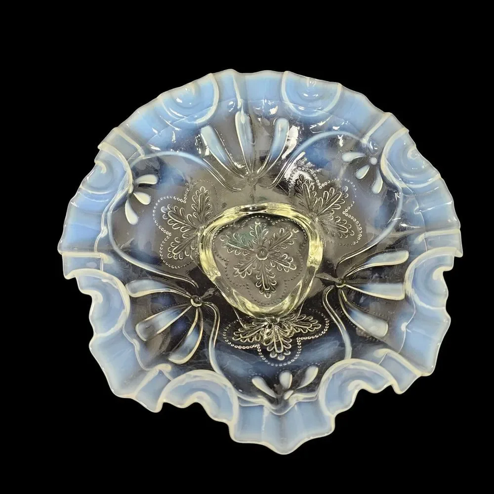 Northwood Meander Style White Opalescent Glass‎ Spatula Footed Bowl 2294B